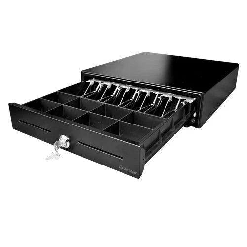 CAJON DE DINERO 3NSTAR CD350, NEGRO, COMPARTIMIENTOS 5 BILLETES - 8 MONEDAS, RANURAS FRONTALES PARA CHEQUES