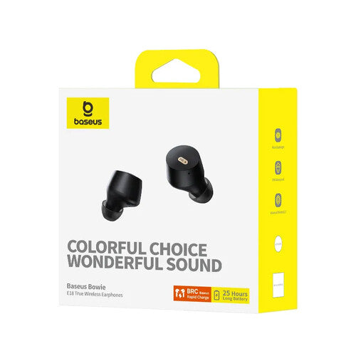 AUDIFONOS INALAMBRICOS BLUETOOTH 5.3 BASEUS, BOWIE E18, 25 HORAS CON EL ESTUCHE DE CARGA, HASTA 6 HORAS DE USO CONTINUO, COMPATIBLE CON ANDROID, IOS, WINDOWS, COLOR NEGRO