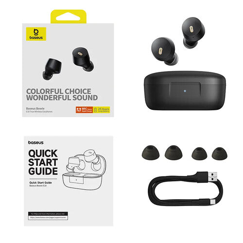 AUDIFONOS INALAMBRICOS BLUETOOTH 5.3 BASEUS, BOWIE E18, 25 HORAS CON EL ESTUCHE DE CARGA, HASTA 6 HORAS DE USO CONTINUO, COMPATIBLE CON ANDROID, IOS, WINDOWS, COLOR NEGRO