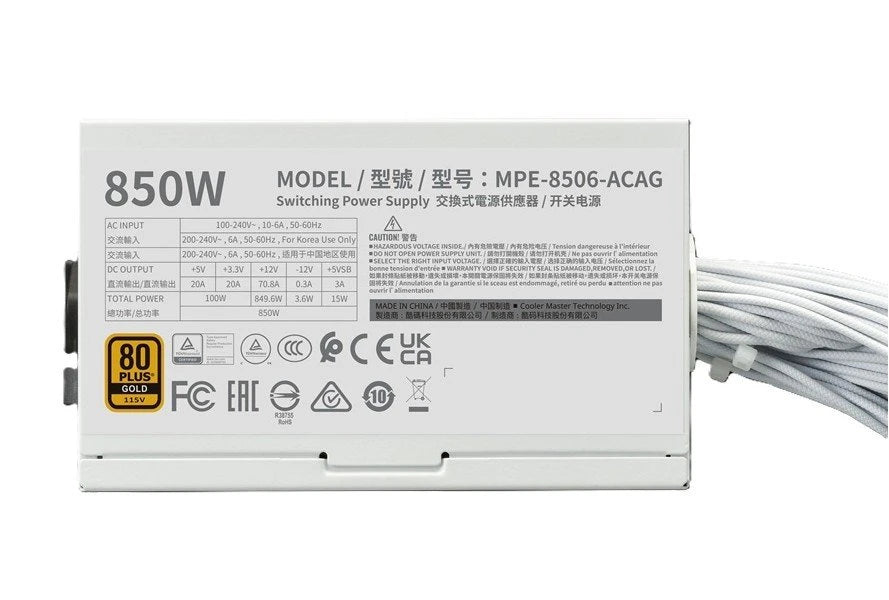 FUENTE DE PODER COOLER MASTER 850W / BLANCO / MWE V3 ATX 3.1 / 80PLUS GOLD CERTIFICADA / NO MODULAR / GAMER
