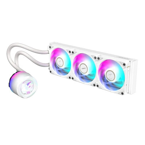DISIPADOR DE ENFRIAMIENTO LIQUIDO GIGABYTE AORUS WATERFORCE X II 360I / LCD DISPLAY /S-1200/S-1700/AM4/AM5/RGB / COLOR BLANCO