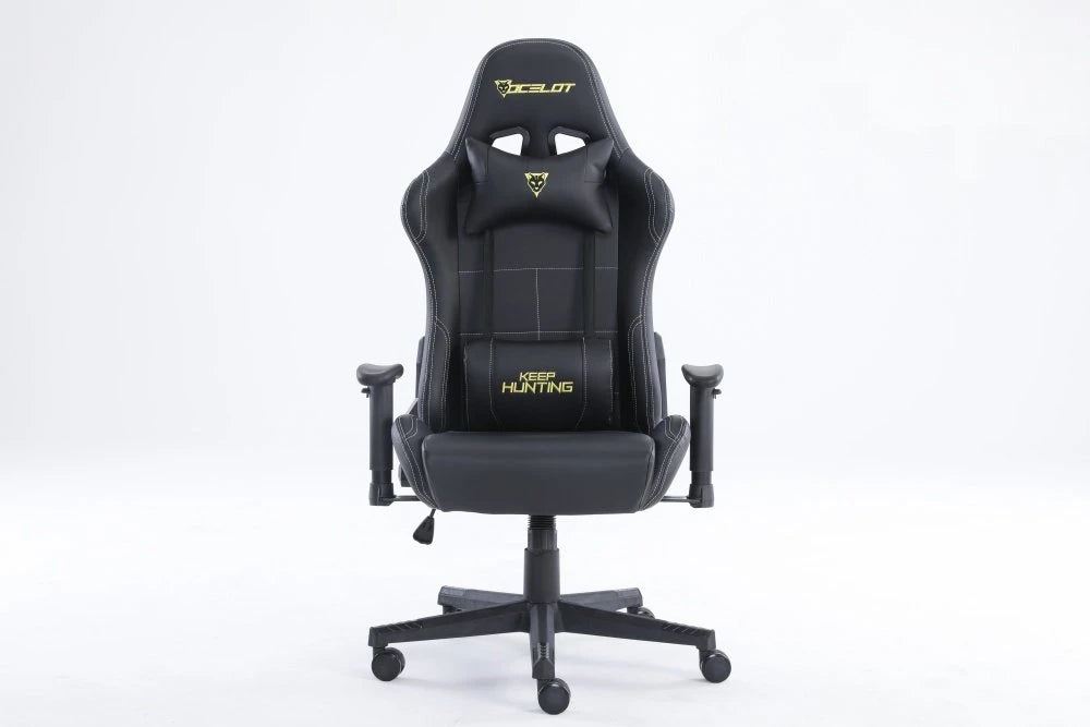 SILLA OCELOT GAMING OGS-01 / VINIPIEL / BASE NYLON AJUSTABLE / DESCANSABRAZOS 2D / PISTON CLASE 4 / RECLINABLE 90-155 GRADOS / HASTA 150KG / COJINES LUMBAR Y CERVICAL / COLOR NEGRO