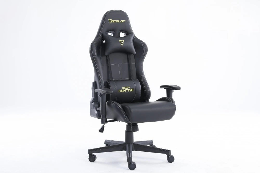 SILLA OCELOT GAMING OGS-01 / VINIPIEL / BASE NYLON AJUSTABLE / DESCANSABRAZOS 2D / PISTON CLASE 4 / RECLINABLE 90-155 GRADOS / HASTA 150KG / COJINES LUMBAR Y CERVICAL / COLOR NEGRO