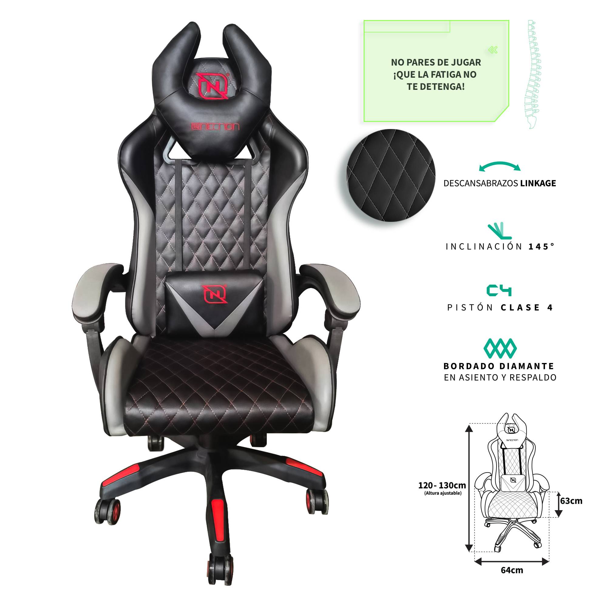 SILLA GAMER INCLINACION RESPALDO 145° CLASE 4 140-150KG NGS-01 FOAM 350MM 63CM*64CM*121-131CM RUEDA 5 PULGADAS COJIN LUMBAR Y CABEZA GRIS/ROJO -