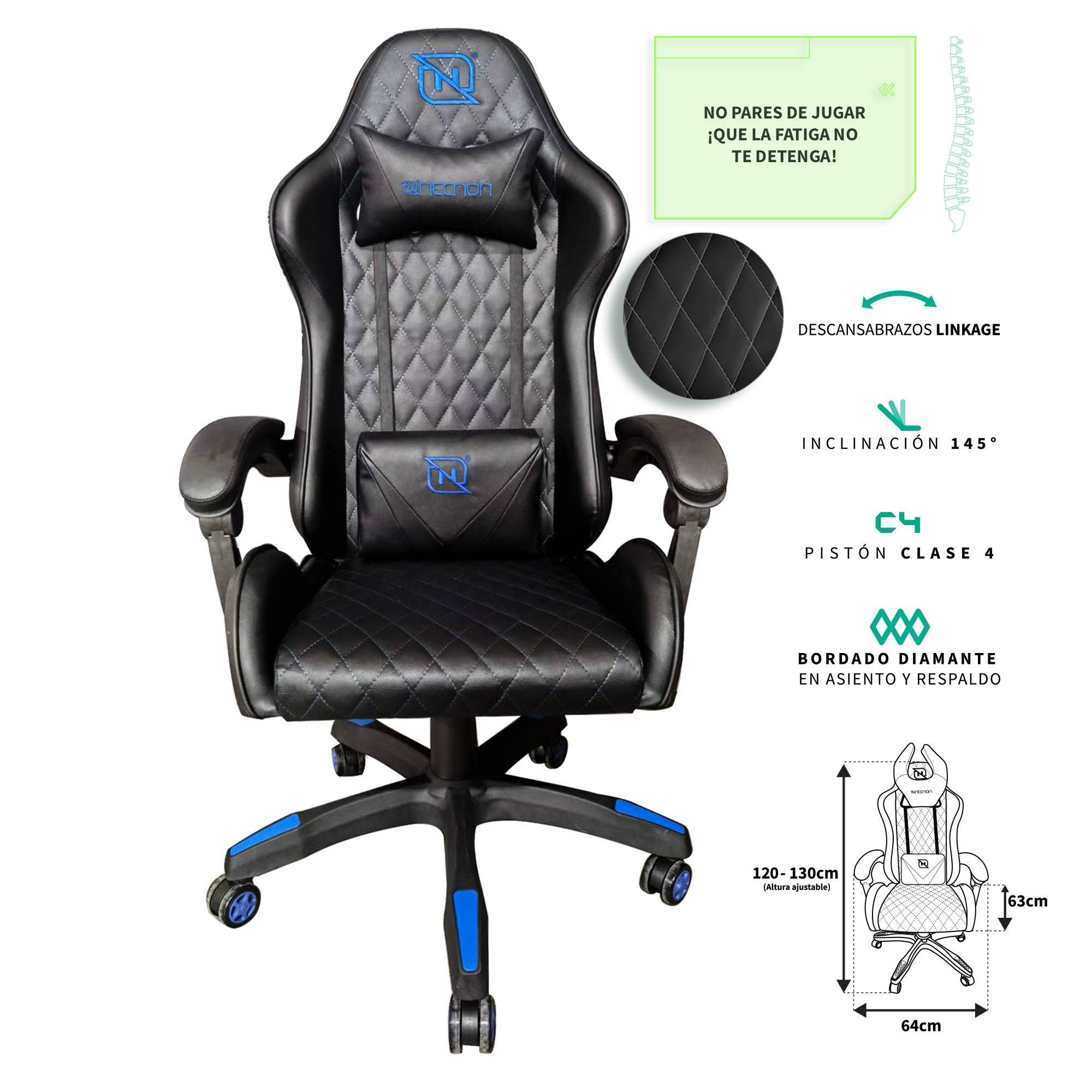 SILLA GAMER INCLINACION RESPALDO 145° CLASE 4 140-150KG NGS-01 FOAM 350MM 63CM*64CM*121-131CM RUEDA 5 PULGADAS COJIN LUMBAR Y CABEZA NEGRO/AZUL -