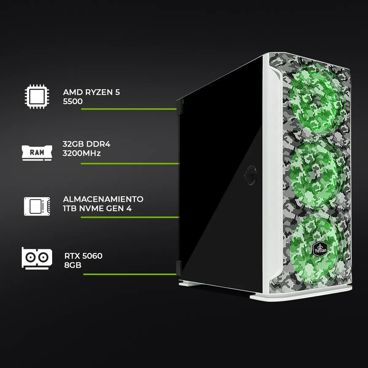 YEYIAN GAMING PC HOLLOW BLANCO 5500C-560P1M - RYZEN 5 5500 - RTX 5060 - 32GB DDR4 - SKU: YPA-HW5500C-560P1M