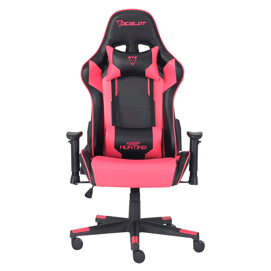 SILLA OCELOT GAMING OGS-03 / VINIPIEL / BASE NYLON AJUSTABLE / DESCANSABRAZOS 2D / PISTON CLASE 4 / RECLINABLE 90-155 GRADOS / HASTA 150KG / COJINES LUMBAR Y CERVICAL / COLOR NEGRO CON MAGENTA