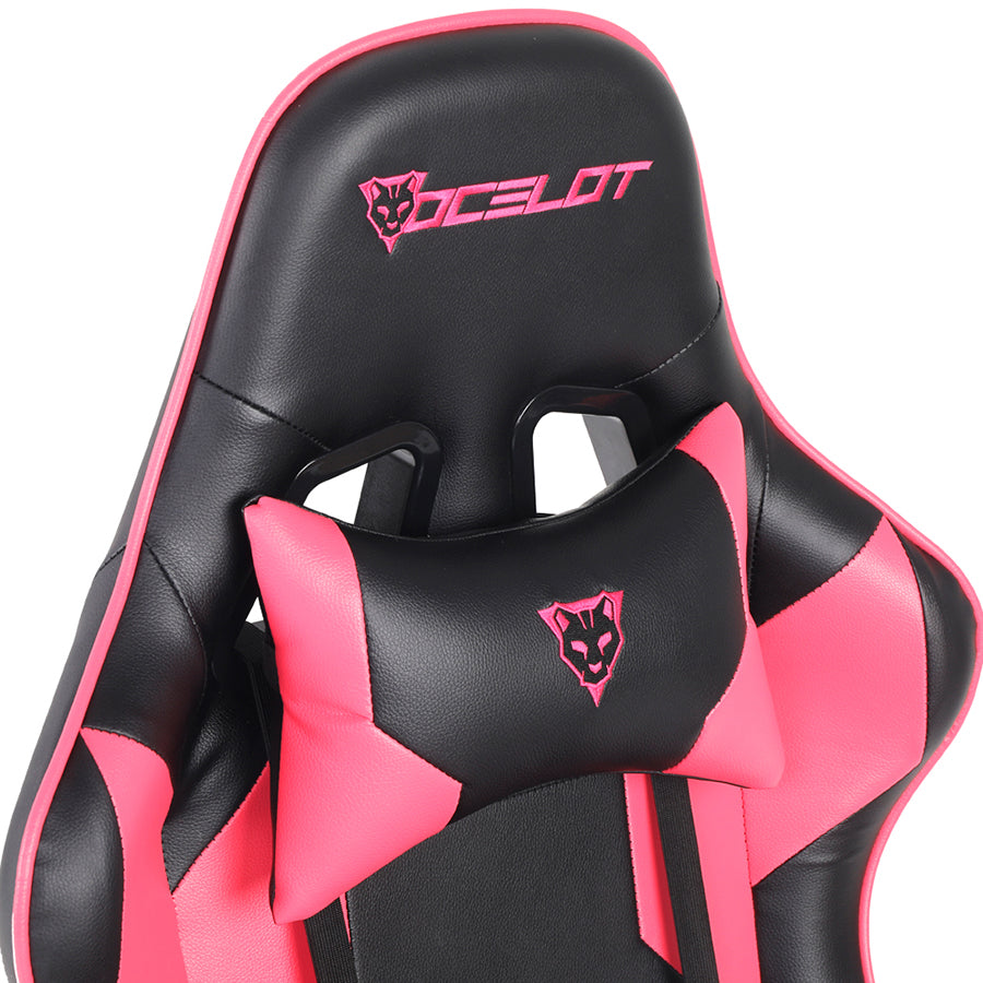 SILLA OCELOT GAMING OGS-03 / VINIPIEL / BASE NYLON AJUSTABLE / DESCANSABRAZOS 2D / PISTON CLASE 4 / RECLINABLE 90-155 GRADOS / HASTA 150KG / COJINES LUMBAR Y CERVICAL / COLOR NEGRO CON MAGENTA
